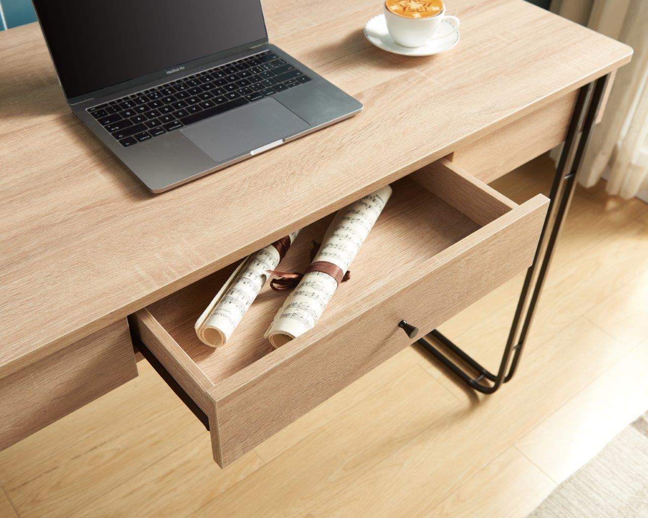 Computer Desk Writing Desk With One Drawer Metal Legs And USB Outlet Port - Light Brown / Black