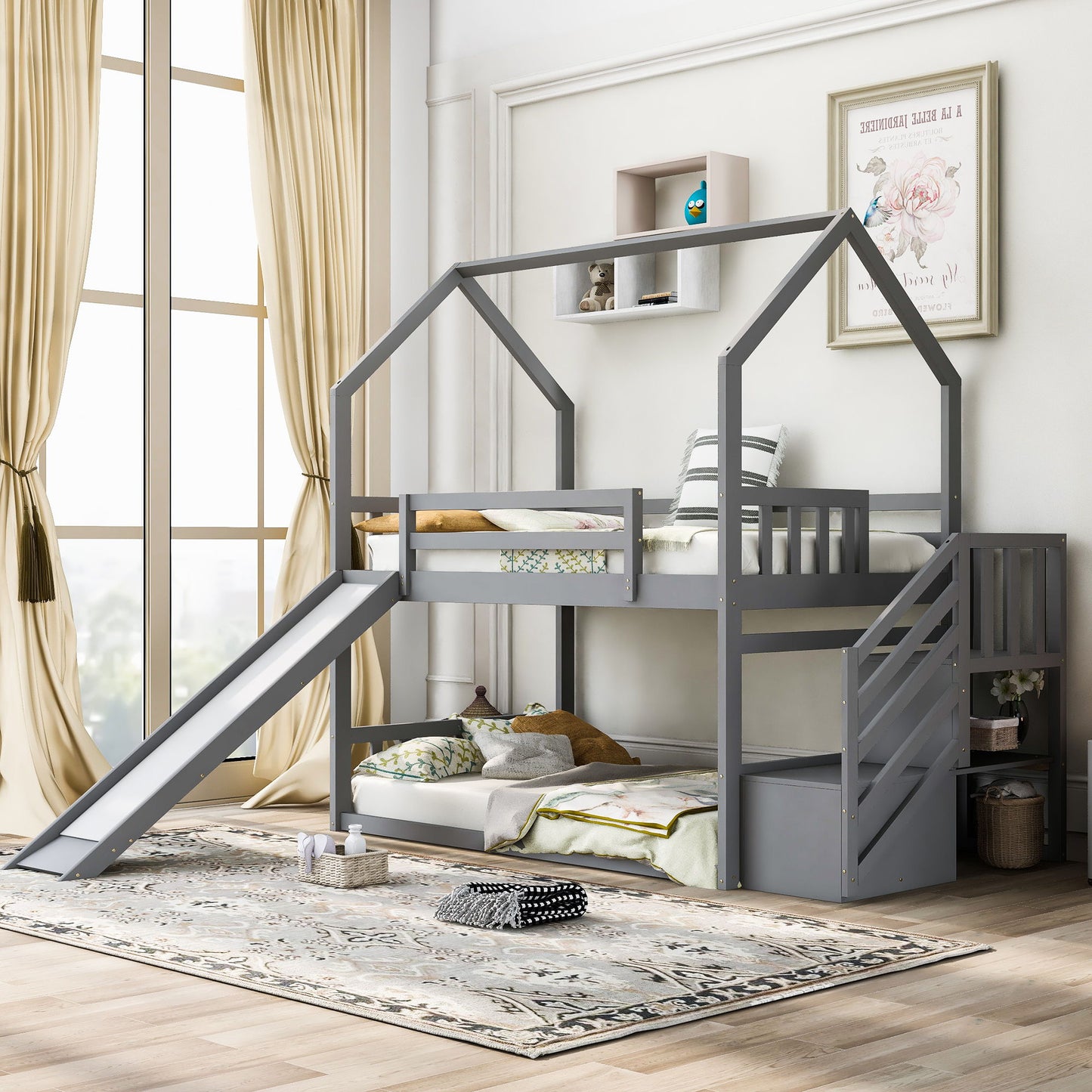Twin Over Twin House Bunk Bed With Convertible Slide, Storage Staircase Can Be Placed Left Or Right - Gray