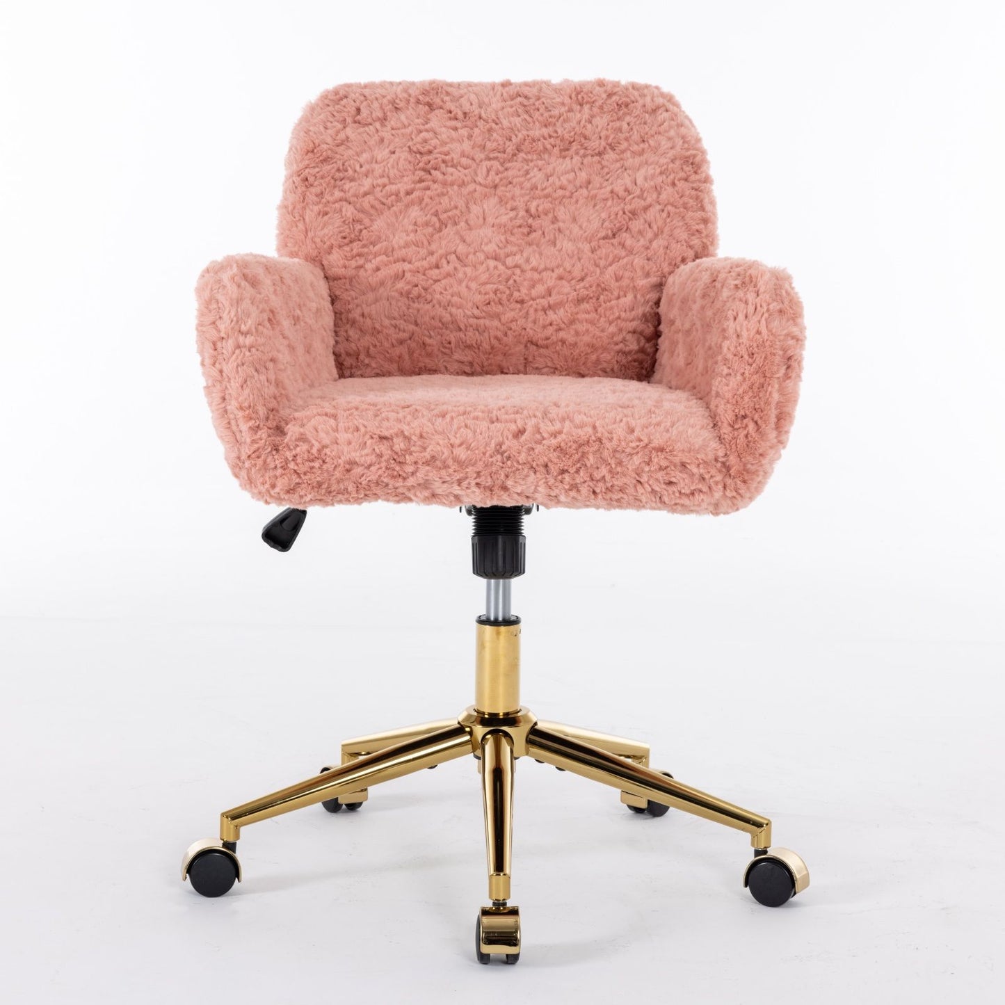 Office Chair, Artificial Rabbit Hair Home Office Chair With Golden Metal Base, Adjustable Desk Chair Swivel Office Chair, Vanity Chair - Pink