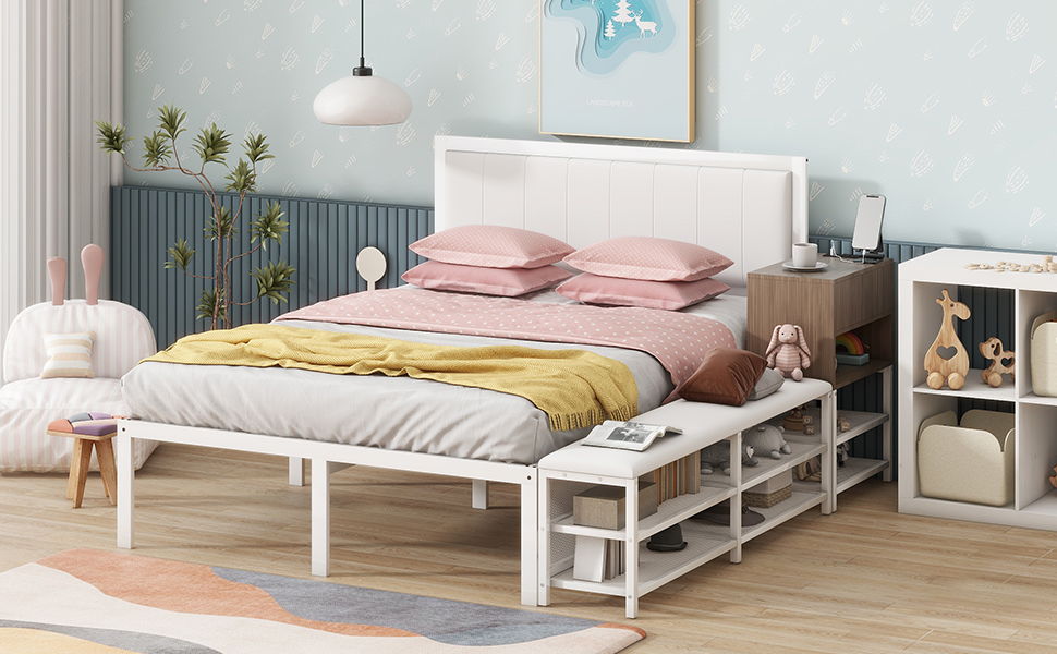 Full Size Platform Bed With 2 Tier Storage Shelves, Storage Cabinet - White