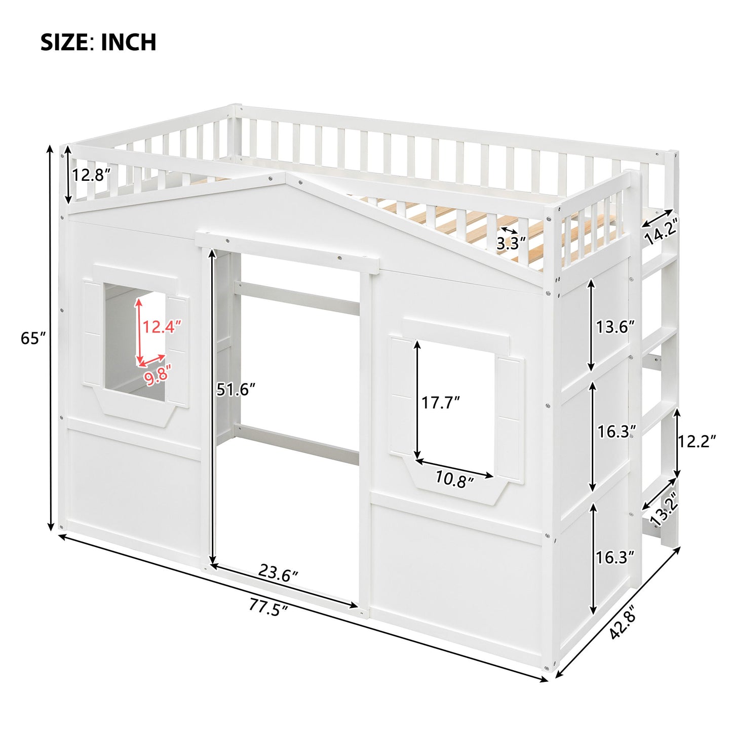 Twin Size House Loft Bed With Ladder - White