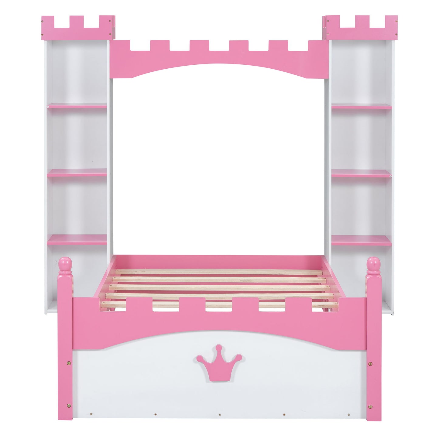 Castle Shaped Bed With Storage Shelf, Dreamy Twin Size Platform Bed For Kids Bedroom - White / Pink