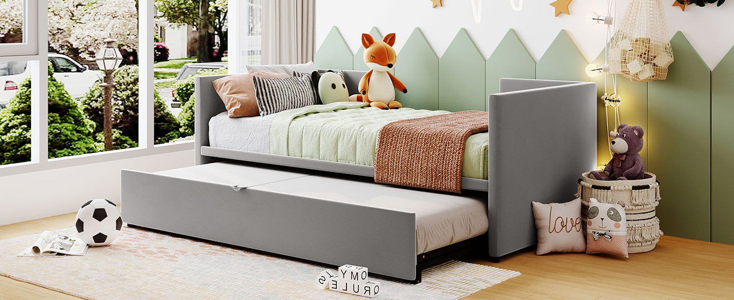 Twin Size Upholstered Daybed With Pop Up Trundle - Gray