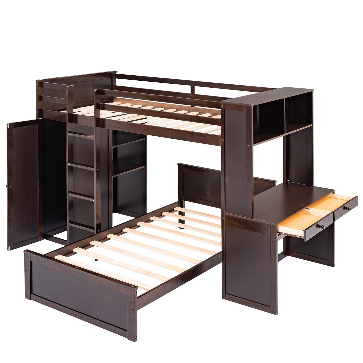 Twin Size Loft Bed With A Stand Alone Bed, Shelves, Desk, And Wardrobe - Espresso