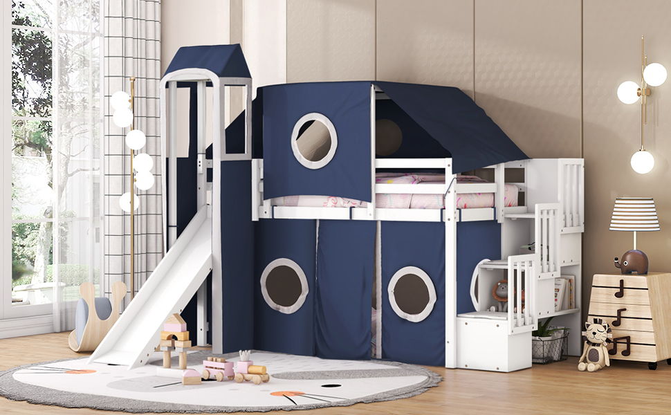 Twin Size Loft Bed With Tent And Tower - Blue