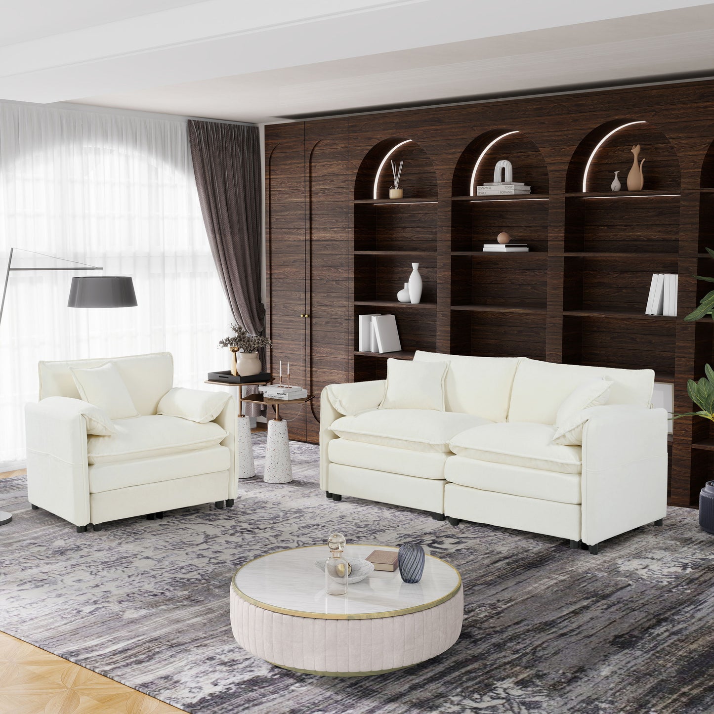Luxury Deep Seat 2 Piece Loveseat Couch & Sofa Armchair Set, Modern Upholstered Chenille Cloud Couches - Beige