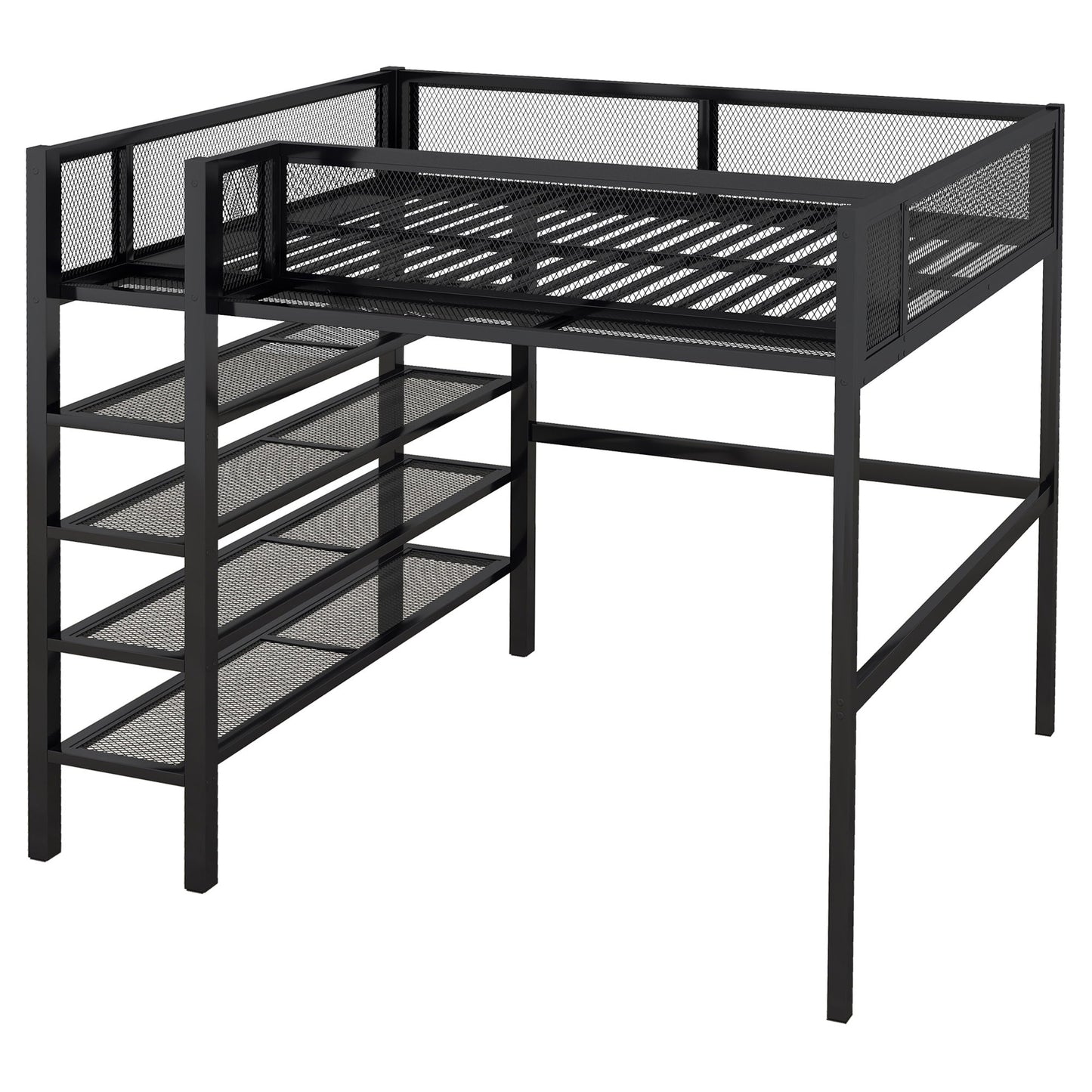 Full Size Loft Bed With 4 Tier Shelves And Storage - Black