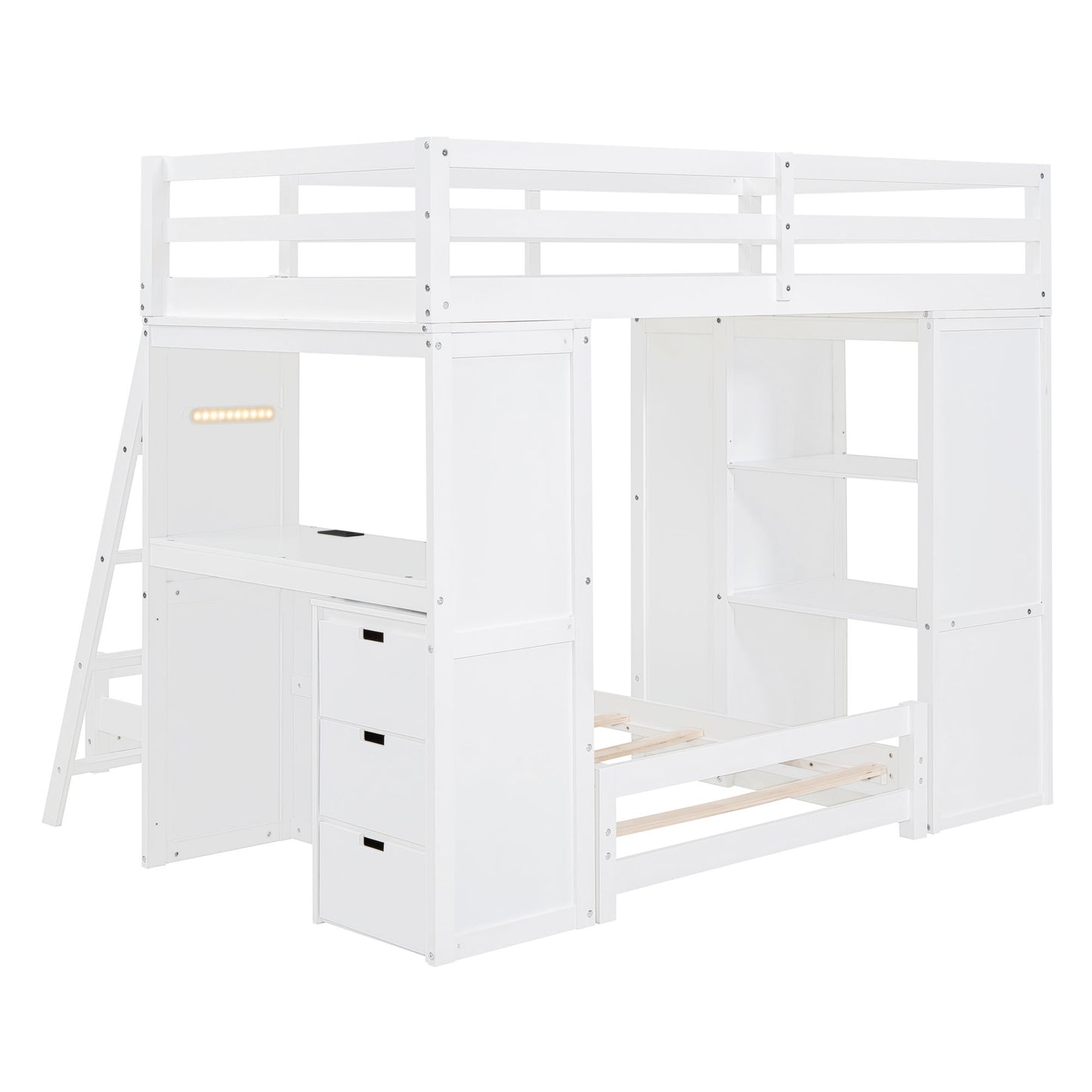 Twin Over Twin Bunk Bed With LED Light And USB Ports - White