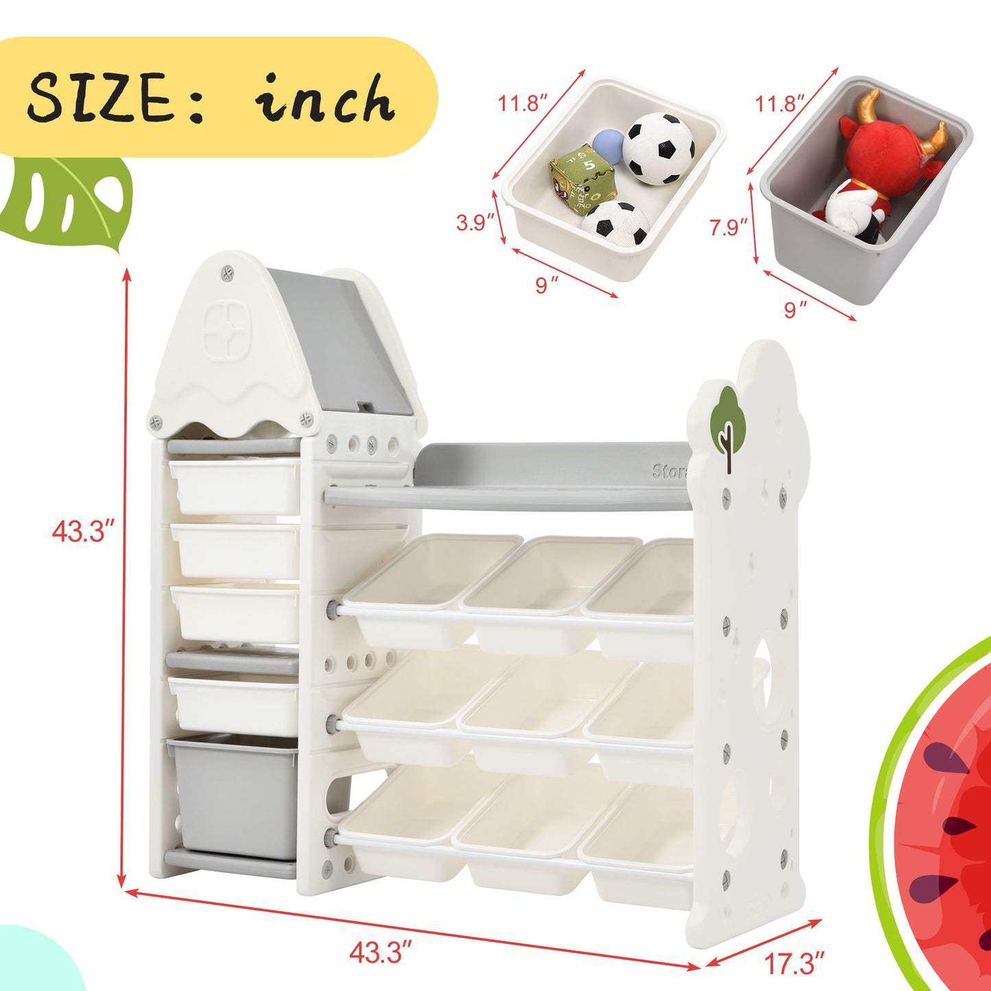 Kids Bookshelf Toy Storage Organizer With 17 Bins And 5 Bookshelves, Multi-Functional Nursery Organizer Kids Furniture Set Toy Storage Cabinet Unit With HDPE SheLF And Bins - Gray