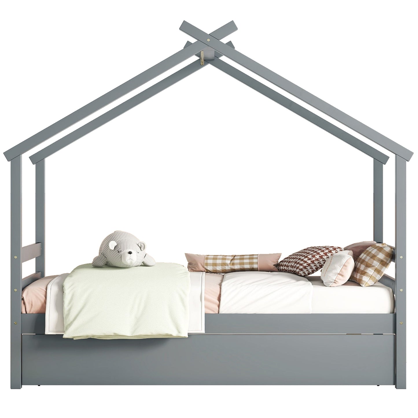 Twin Size House-Shaped Bed With Trundle - Gray