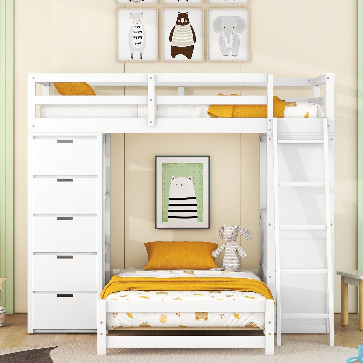 Twin Over Twin Bunk Bed With LED Light And USB Ports - White