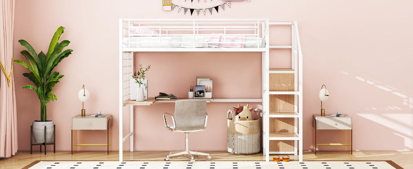 Twin Size Loft Bed With Desk And Grid, Stylish Frame With Lateral Storage Ladder And Wardrobe - White