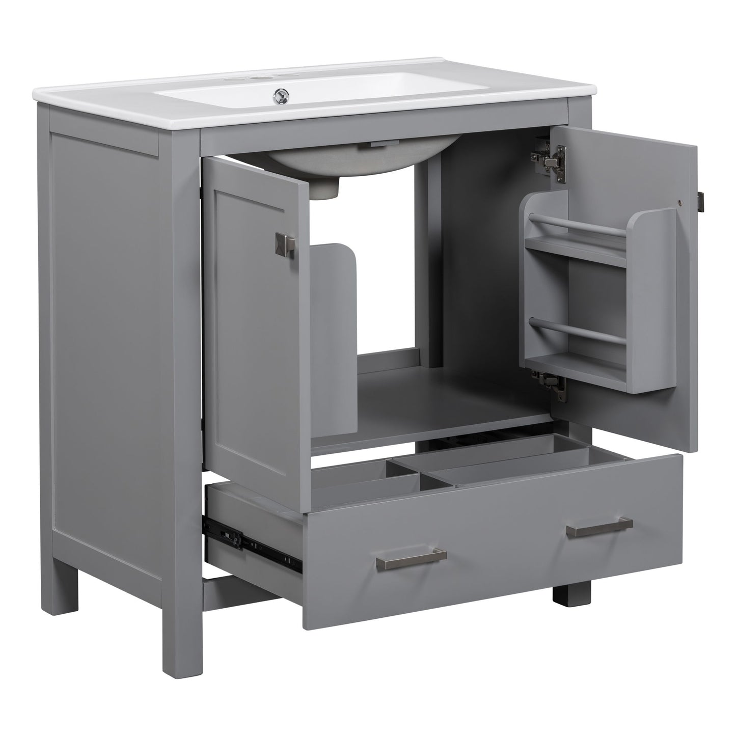 Bathroom Vanity With Single Sink, Combo Cabinet Undermount Sink, Bathroom Storage Cabinet With Two Doors And A Drawer, Soft Closing, Multifunctional Storage, Solid Wood Frame - Gray