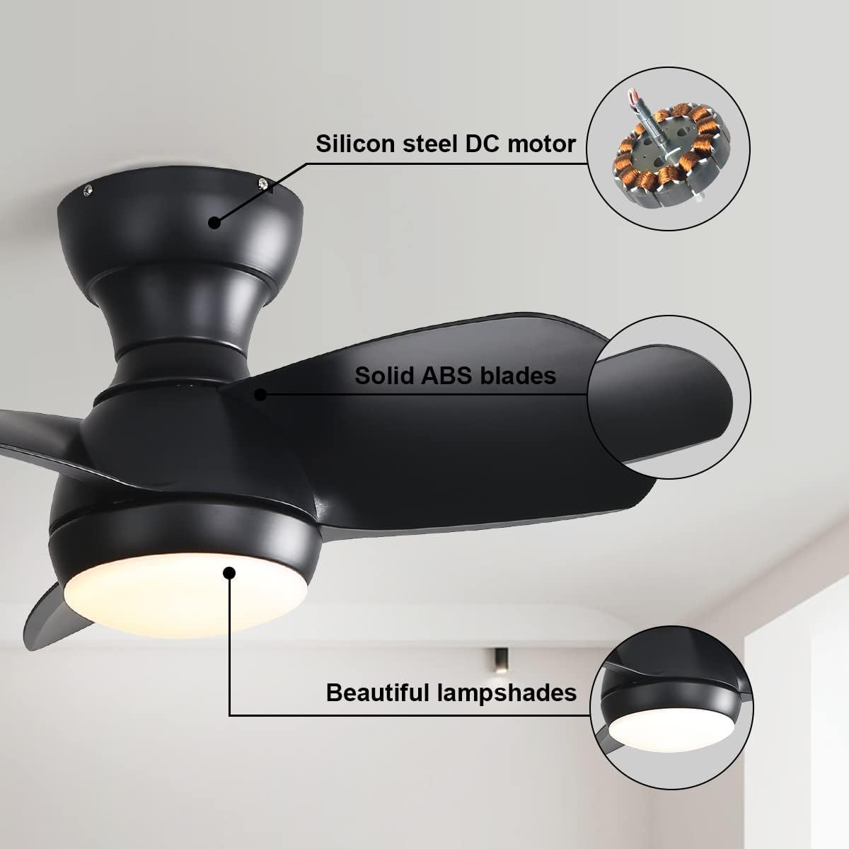 23" Bedroom Ceiling Fan With 3 Color Dimmable 3 ABS Blades Remote Control Dc Motor Black With 18W Led Light - Black