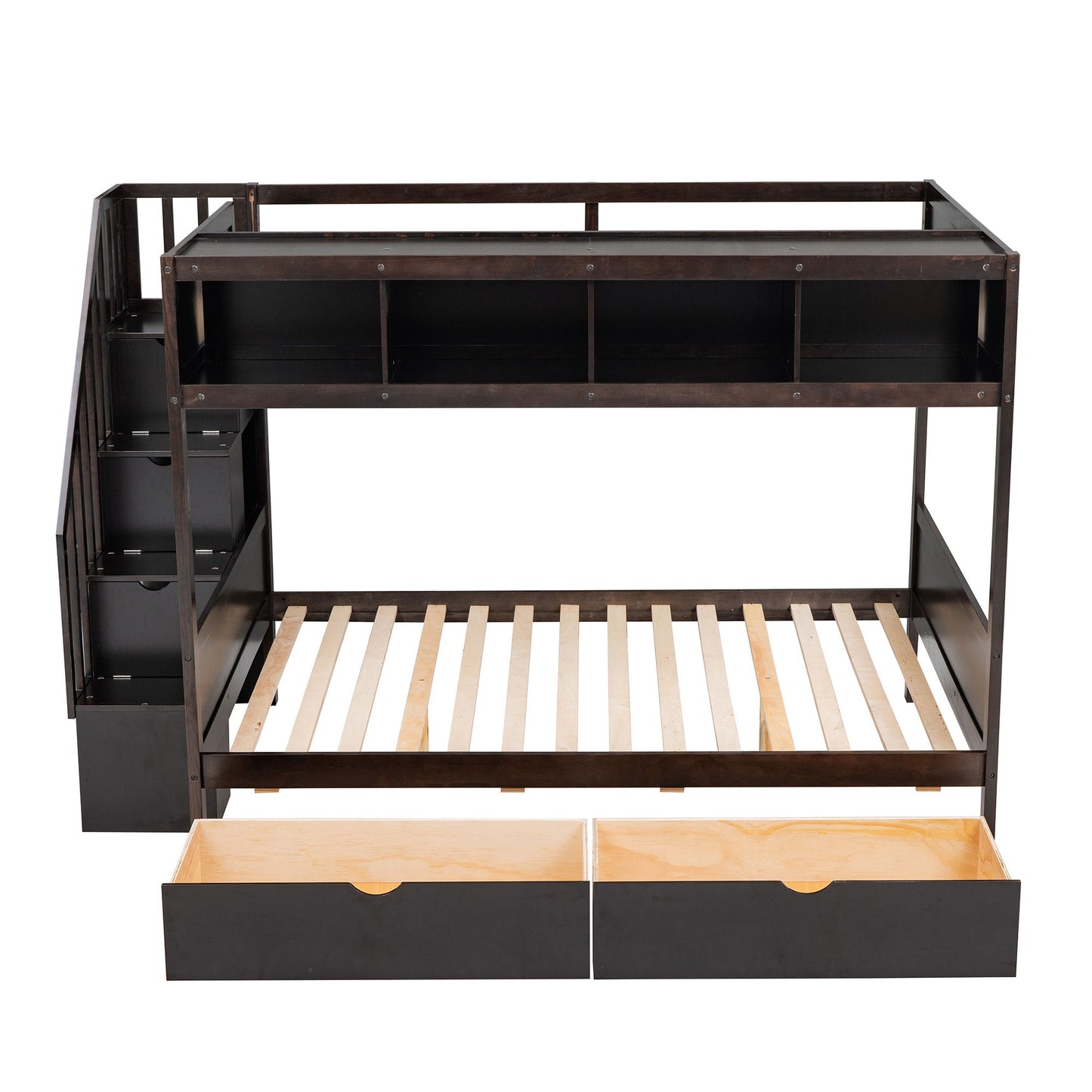 Twin Over Full Bunk Bed With Shelfs, Storage Staircase And 2 Drawers - Espresso