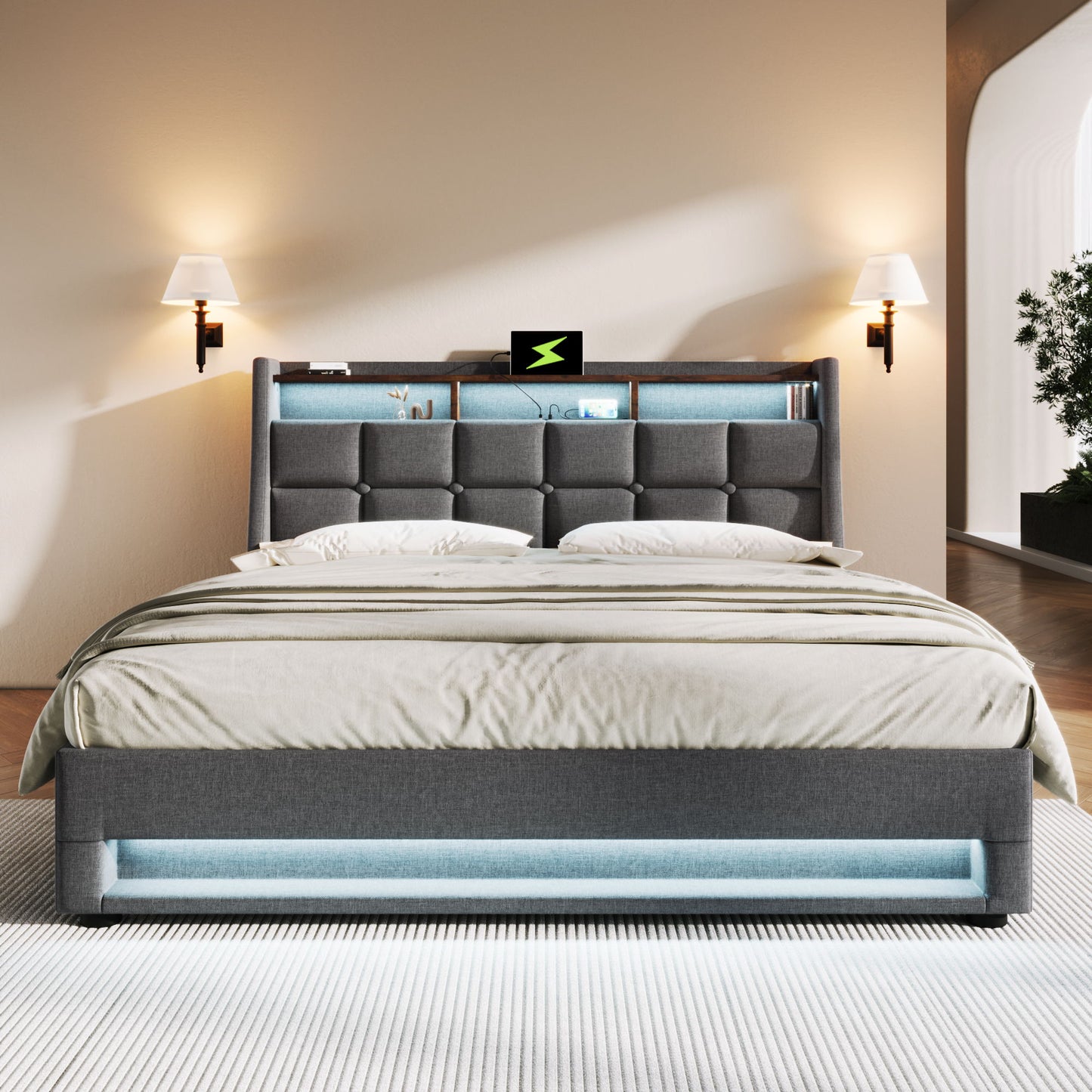 Full Size Upholstered Platform Bed With A Hydraulic Storage System, LED And USB Charging (Without Mattress) - Gray