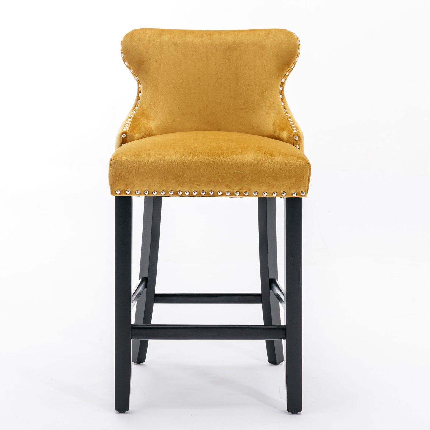 Contemporary Velvet Upholstered Wing-Back Barstools With Button Tufted Decoration And Wooden Legs, And Chrome Nailhead Trim, Leisure Style Bar Chairs, Bar Stools (Set of 4) - Gold