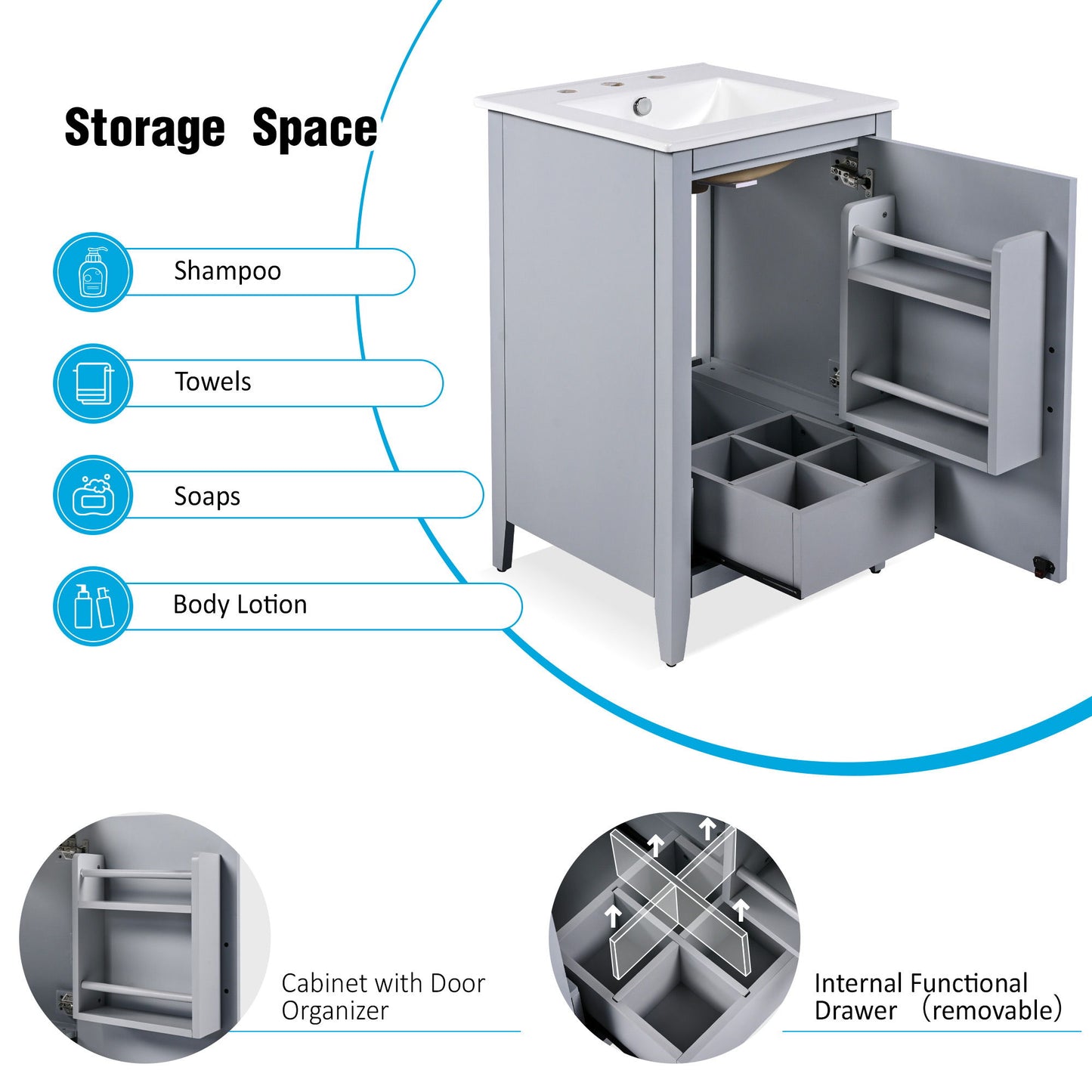 Modern 20.3" Bathroom Vanity With Sink And Functional Storage - Gray