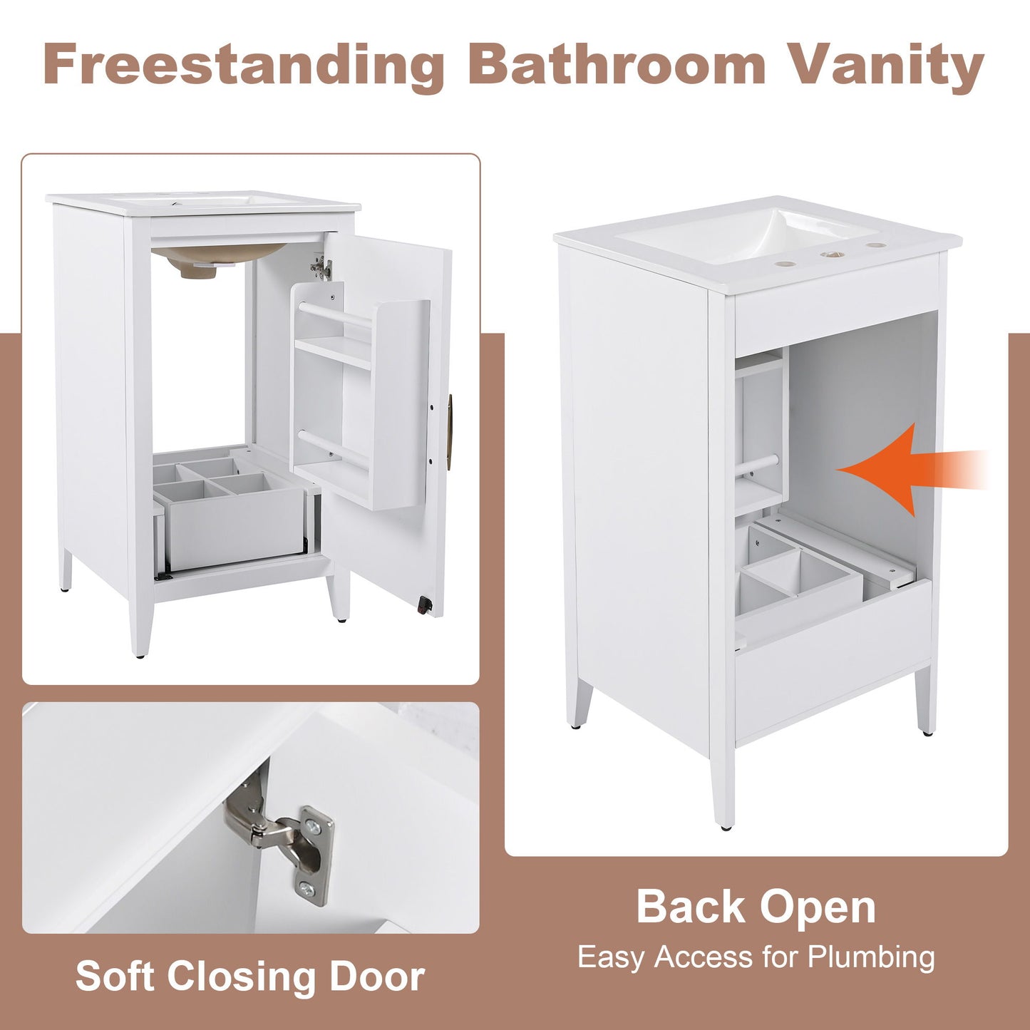 Modern 20.3" Bathroom Vanity With Sink, Functional Drawer, Soft Closing Door - White