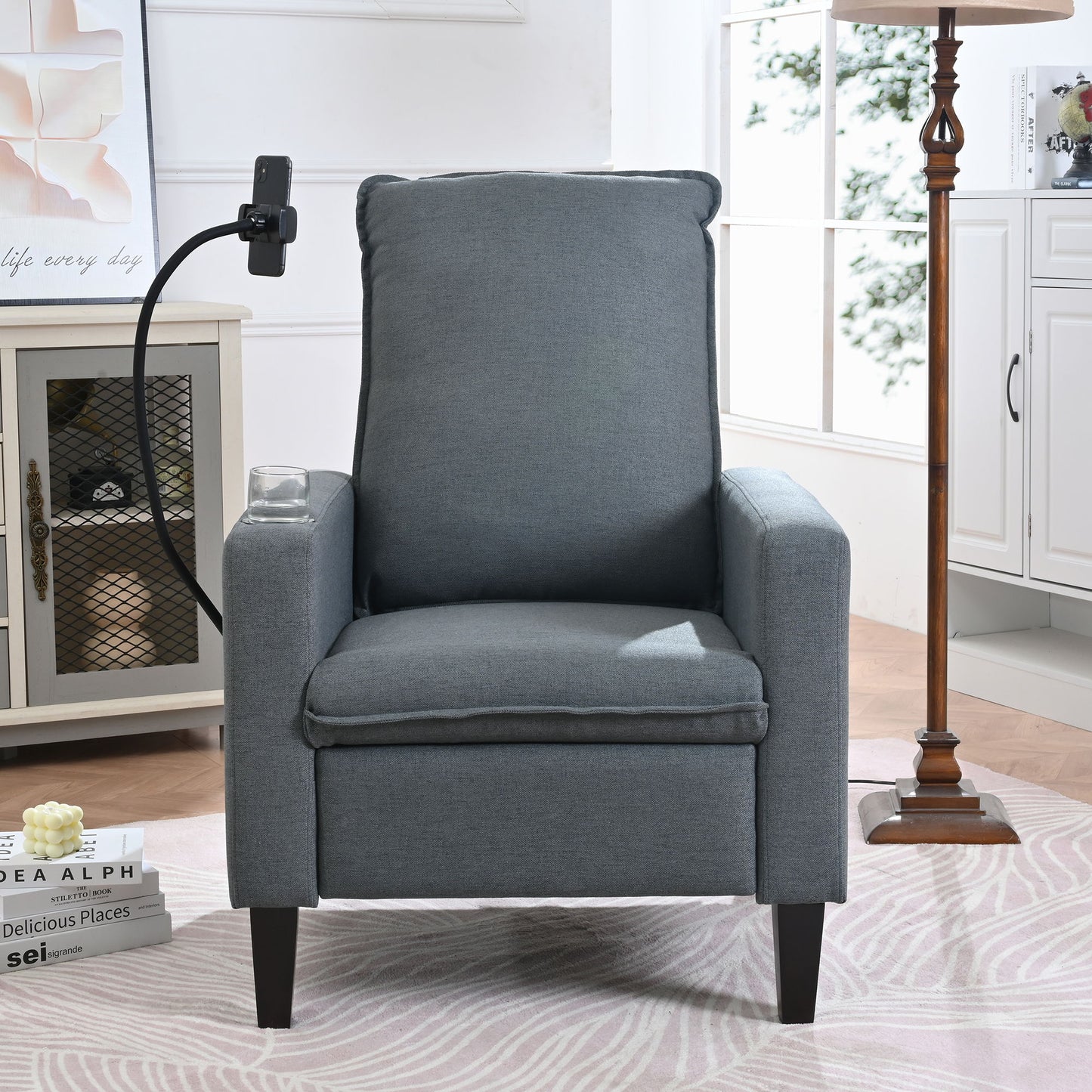 Recliner Chairs For Adults, Adjustable Recliner Sofa With Mobile Phone Holder & Cup Holder, Modern Reclining Chairs Fabric Push Back Recliner Chairs For Living Room, Bedroom - Gray