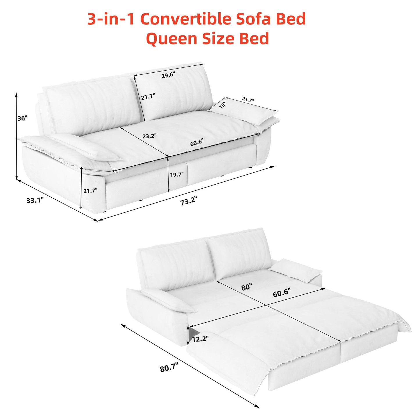 Queen Pull Out Sofa Bed, 3 In 1 Convertible Sleeper Sofa Multifunctional Velvet Loveseat Bed - Beige
