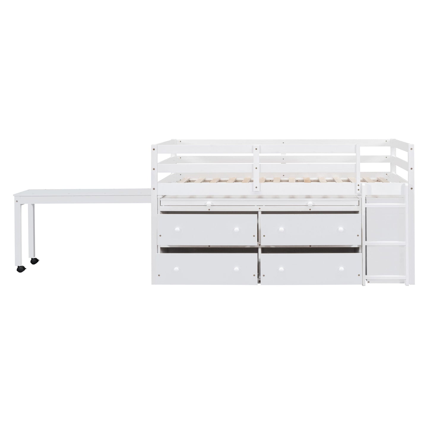 Twin Size Loft Bed With Retractable Writing Desk And 4 Drawers, With Lateral Portable Desk And Shelves - White