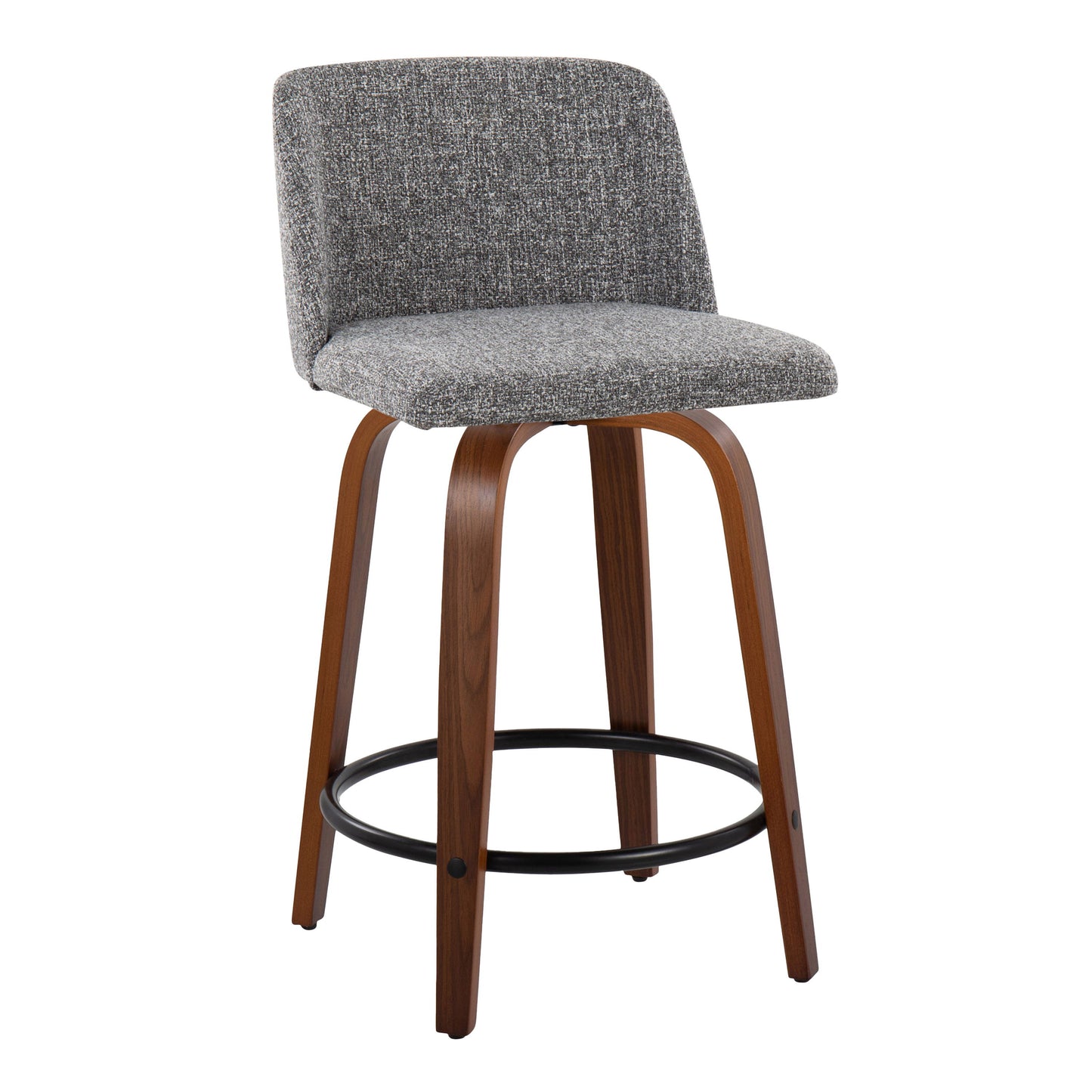 Toriano - Mid-Century Modern Fixed Height Counter Stool With Swivel And Round Footrest (Set of 2) - Walnut / Gray