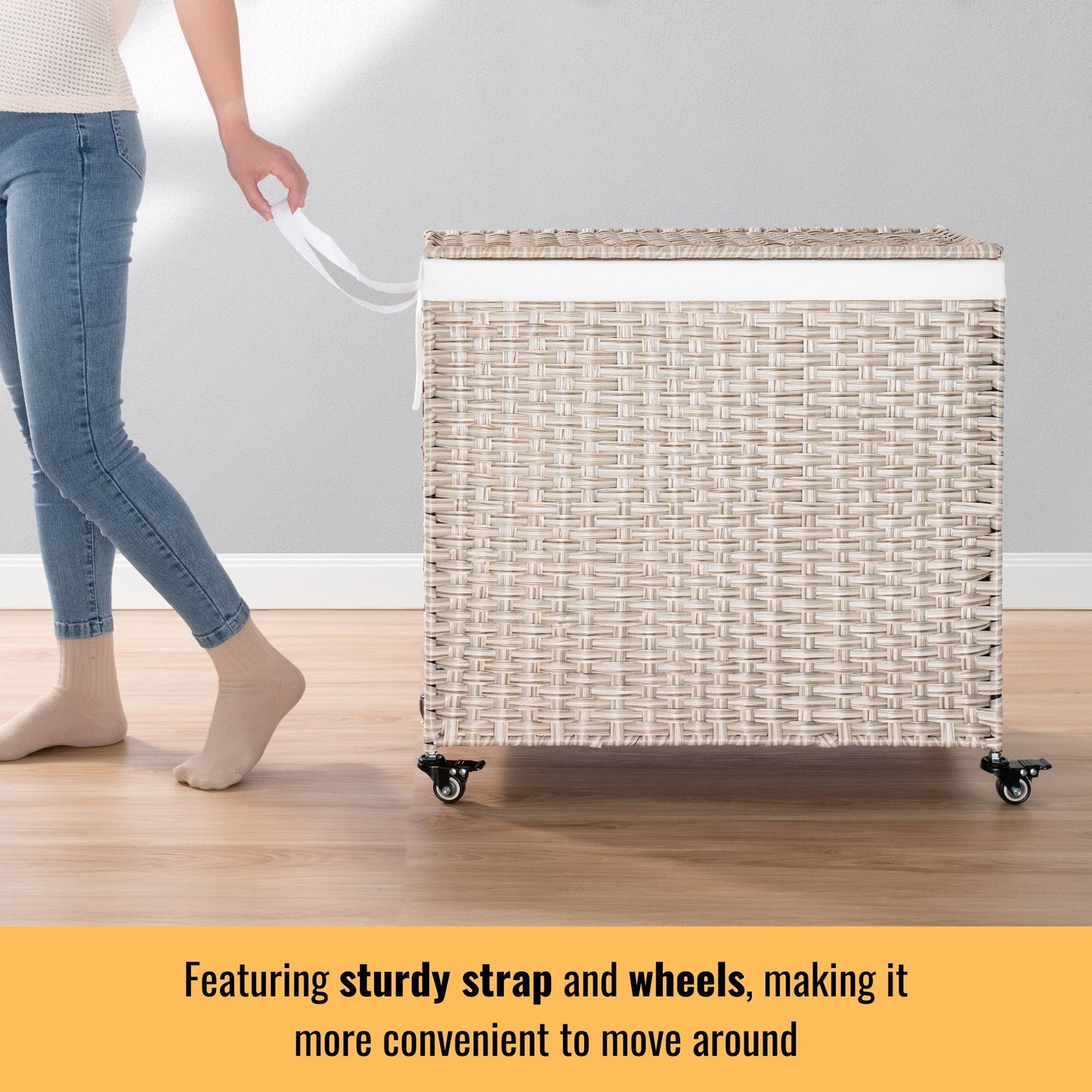Laundry Hamper With Lid PE Rattan Powder Coating Frame Clothes Hampers With 2 Removable Bags, Wheels, 160L - Gray