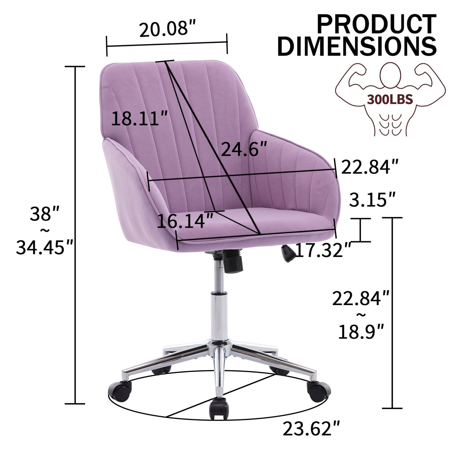 Ergonomic Swivel Office Chair, Comfortable Backrest Seat, Velvet, Adjustable For Home And Bedroom - Lilac