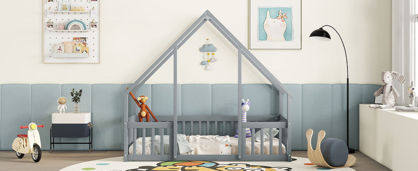 Twin Wood House-Shaped Floor Bed With Fence, Guardrails - Gray