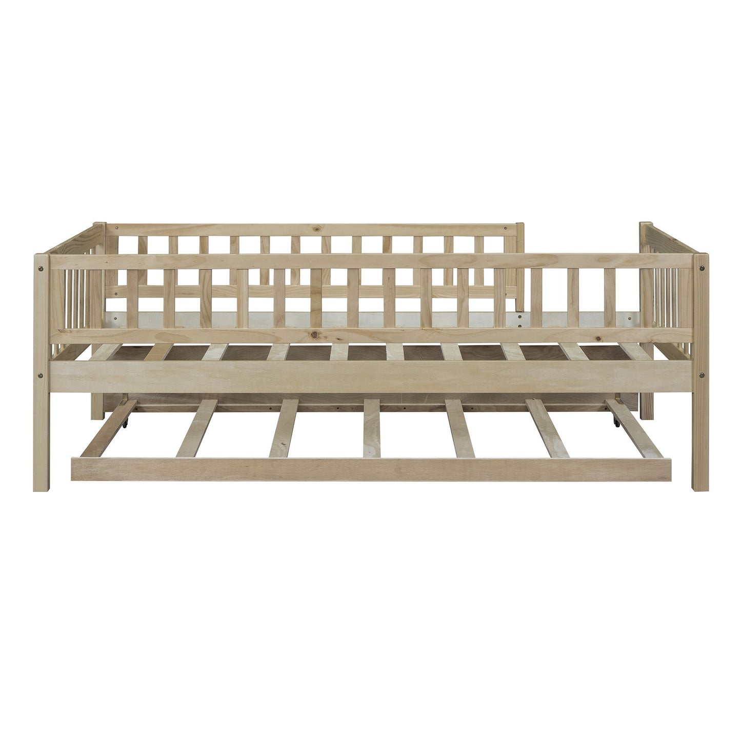 Twin Size Daybed With Trundle And Fence Guardrails - Natural