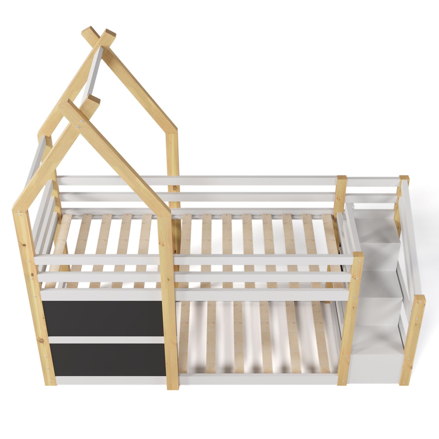Twin Over Twin House Bunk Bed With White Storage Staircase And 2 Blackboards - White / Natural