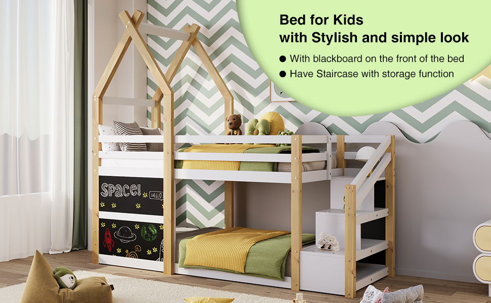 Twin Over Twin House Bunk Bed With White Storage Staircase And 2 Blackboards - White / Natural