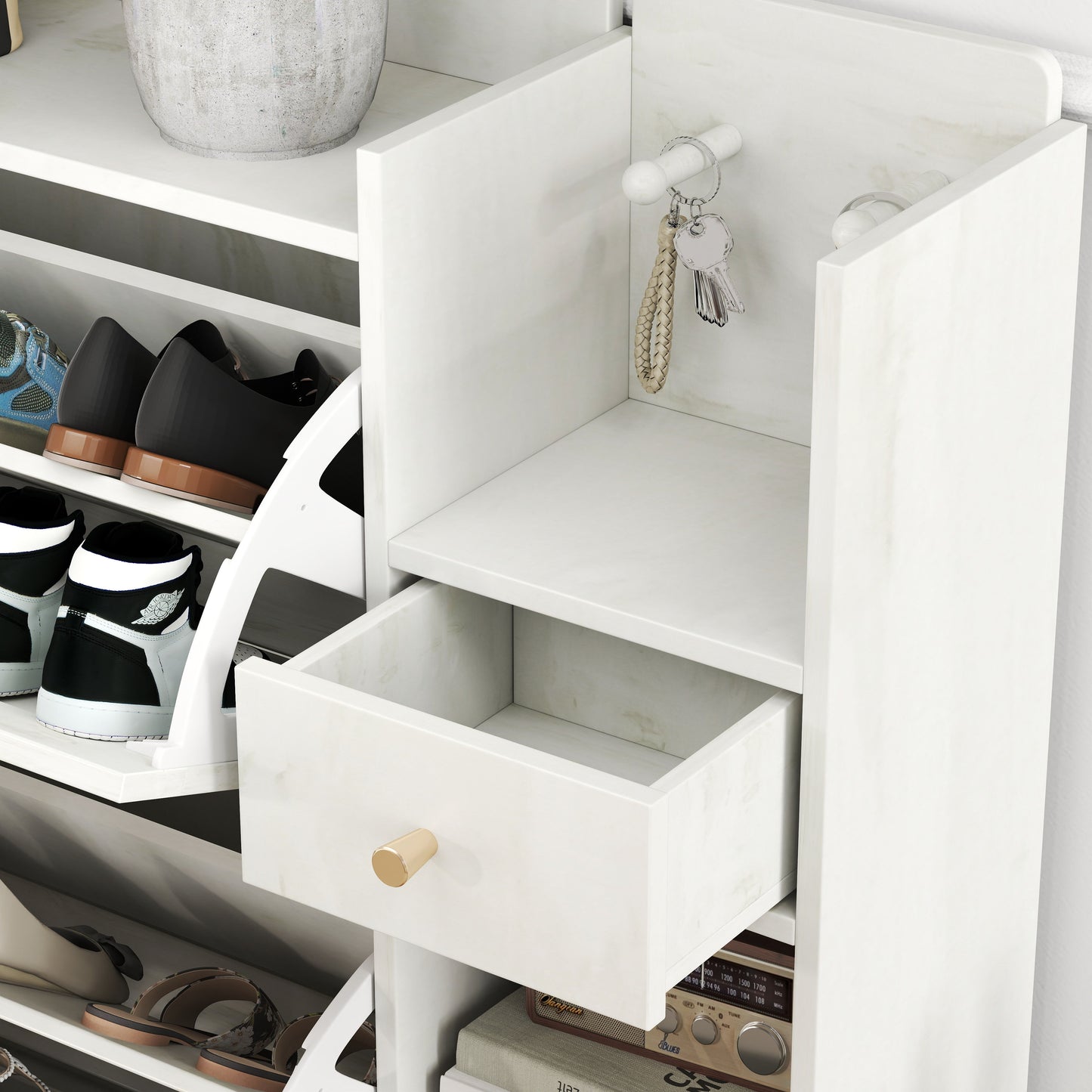 Natural Bohemia Style Shoe Cabinet, Shoe Rack Cabinet With 3 Rattan Flip Drawers, 3 Square Shelves And 1 Storage Drawer, Shoe Organizer With Mulit Storage Space And Hooks For Hallway, Entryway - White