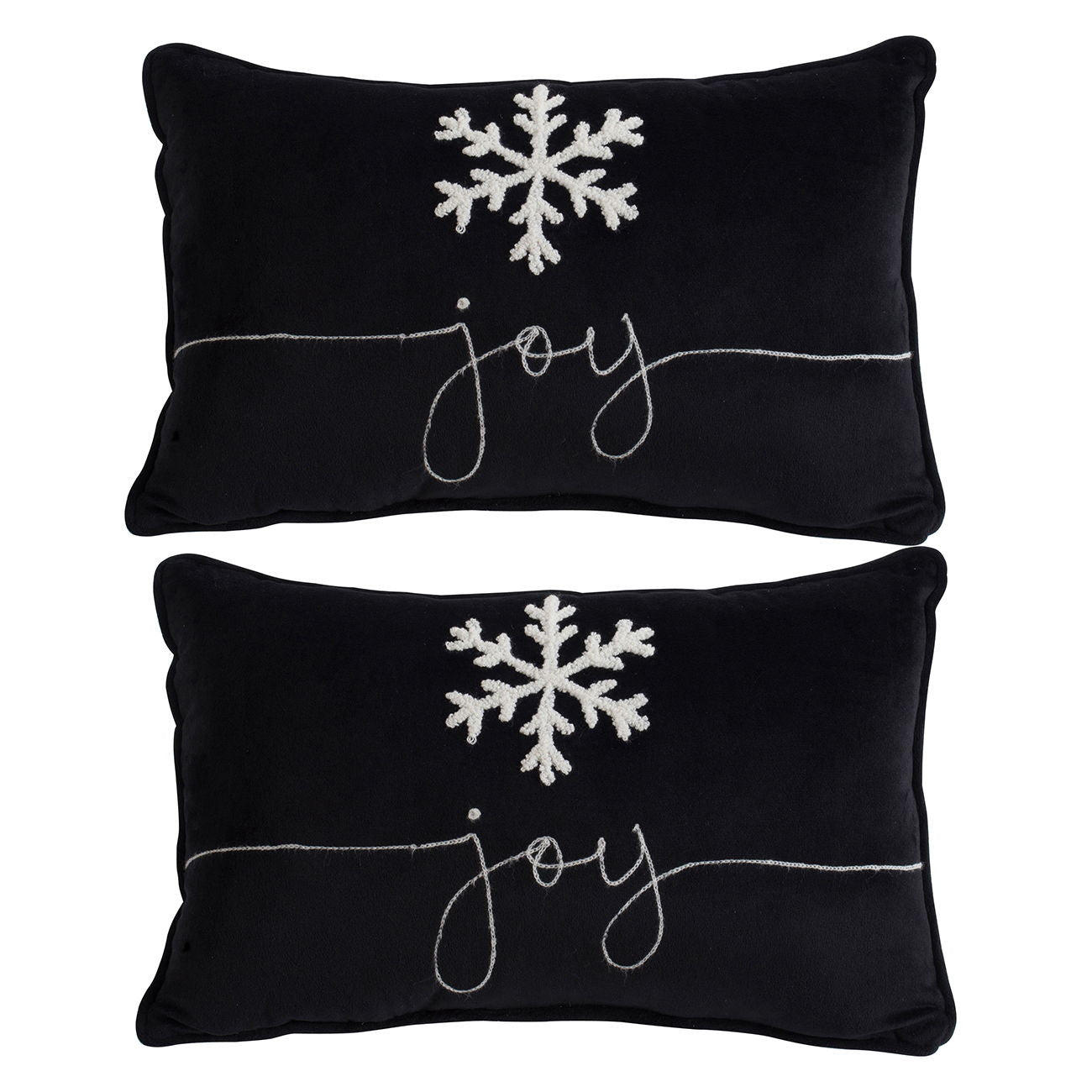 Velvet Pillow With Embroidered Joy And Frosty Snowflake, For Christmas Halloween Holiday Decor (Set of 2) - Black White
