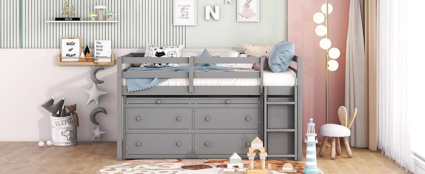 Full Size Loft Bed With Retractable Writing Desk And 4 Drawers, With Lateral Portable Desk And Shelves - Gray
