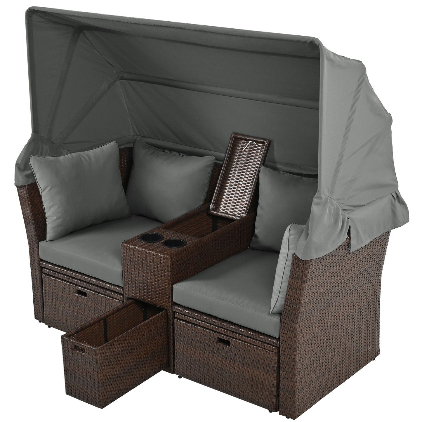 2 Seater Outdoor Patio Daybed Outdoor Double Daybed Outdoor Loveseat Sofa Set With Foldable Awning And Cushions For Garden, Balcony, Poolside - Gray