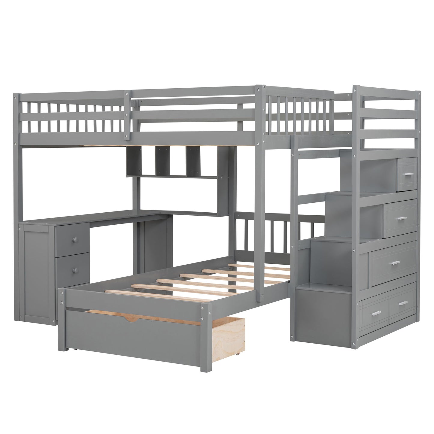 Full Over Twin Bunk Bed With Desk, Drawers And Shelves - Gray