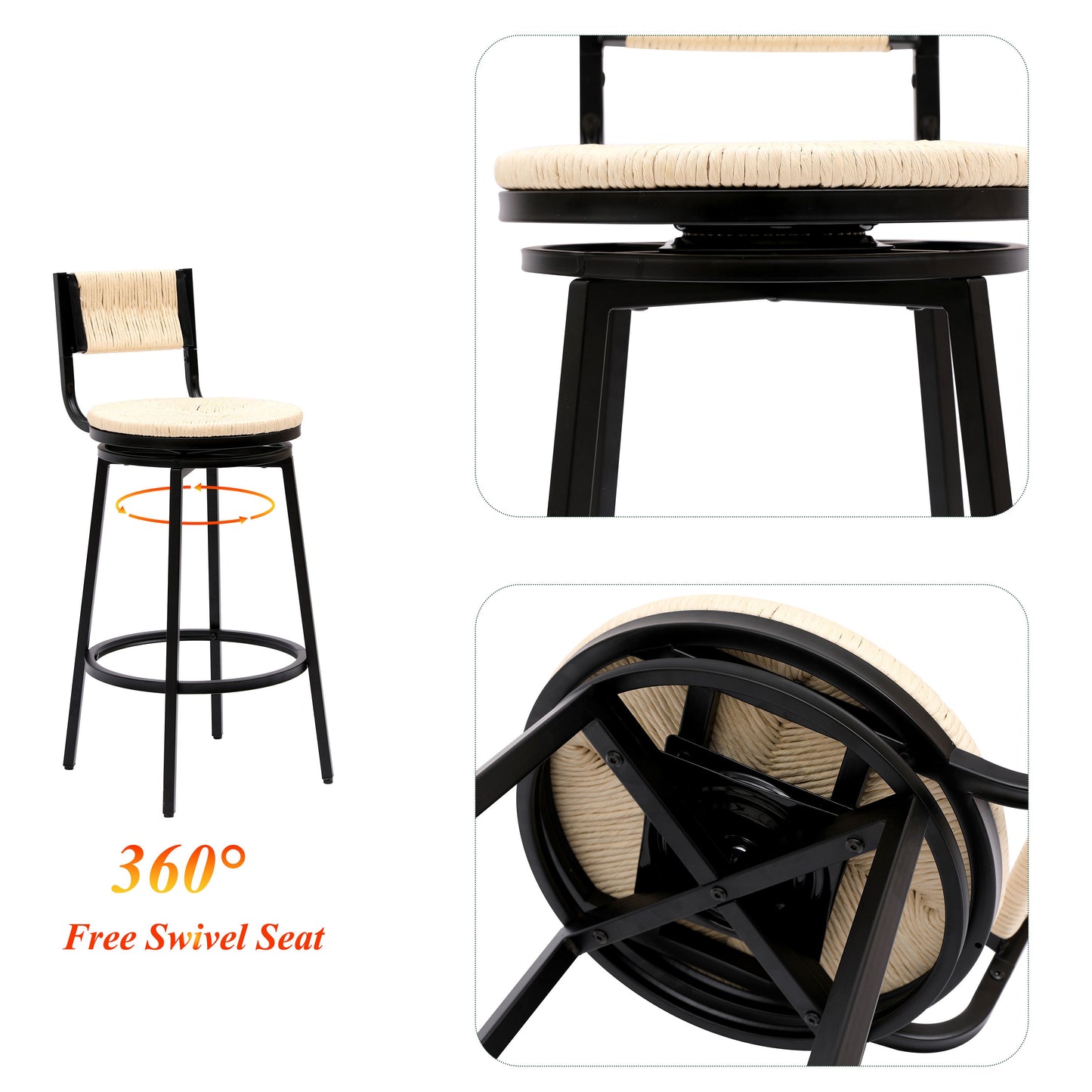 Bar Stools Swivel Counter Chairs With Metal Frame (Set of 2) Hand Woven Paper Rope Dining Barstools For Kitchen Counter - Creamy White