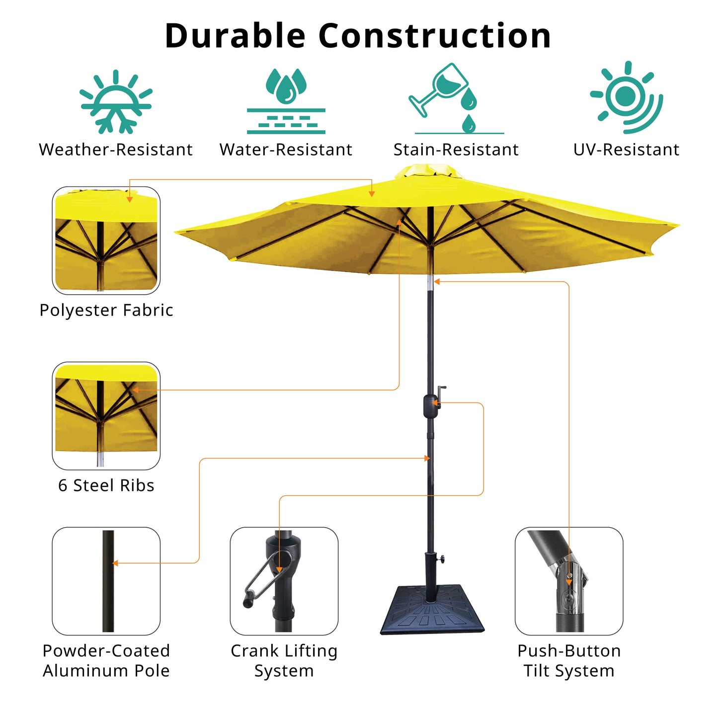 8.8' Outdoor Aluminum Patio Umbrella, Patio Umbrella, Market Umbrella With 42 Pound Square Resin Umbrella Base, Push Button Tilt And Crank Lift - Yellow
