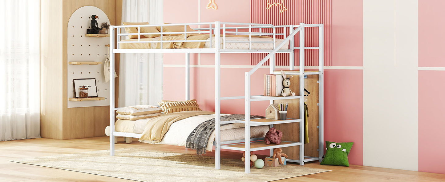 Full Over Full Bunk Bed With Lateral Storage Ladder And Wardrobe - White