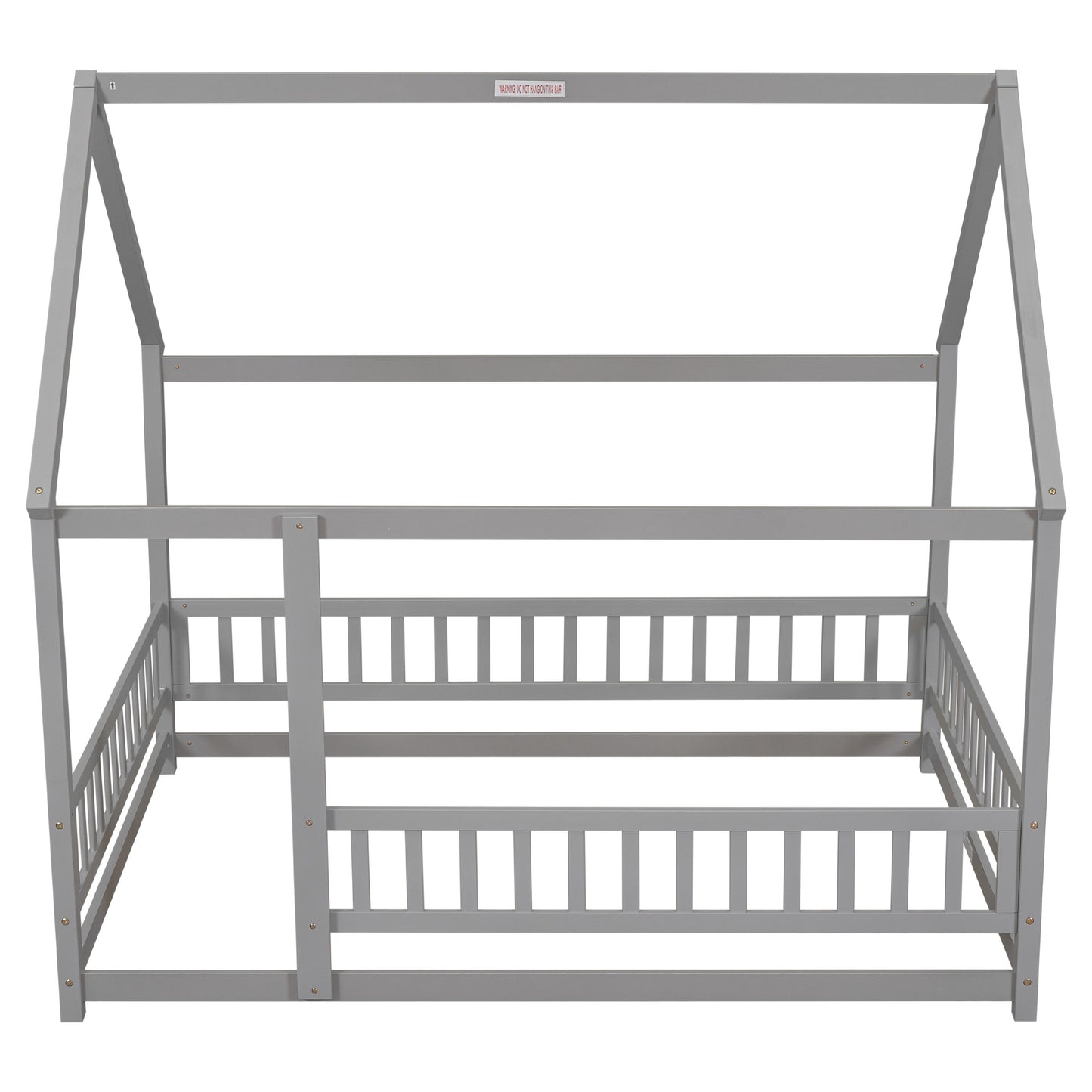 Full Size Floor Wooden Bed With House Roof Frame, Fence Guardrails - Gray