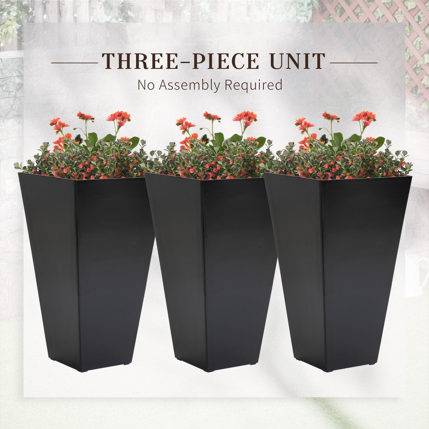 Outsunny - 28" Tall Planters With Drainage Hole (Set of 3), Outdoor Flower Pots, Indoor Planters For Porch Patio And Deck - Black