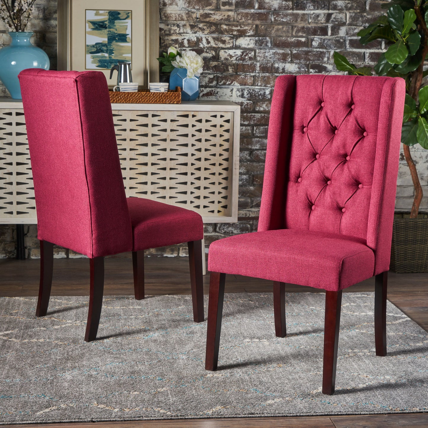 Modern Tufted Dining Chair (Set of 2) With High Back And Birch Wood Legs - Red