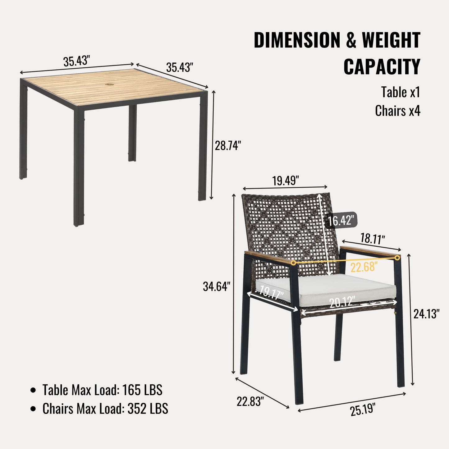 All Weather 5 Piece Patio Dining Table Set, Acacia Wood Table Top With Umbrella Hole, Rattan Outdoor - Coffee Brown