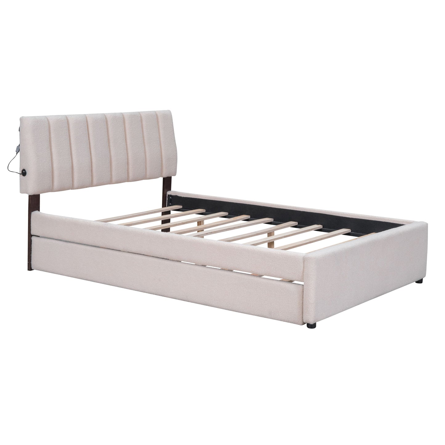 Full Size Upholstered Platform Bed With Twin Size Trundle - Beige