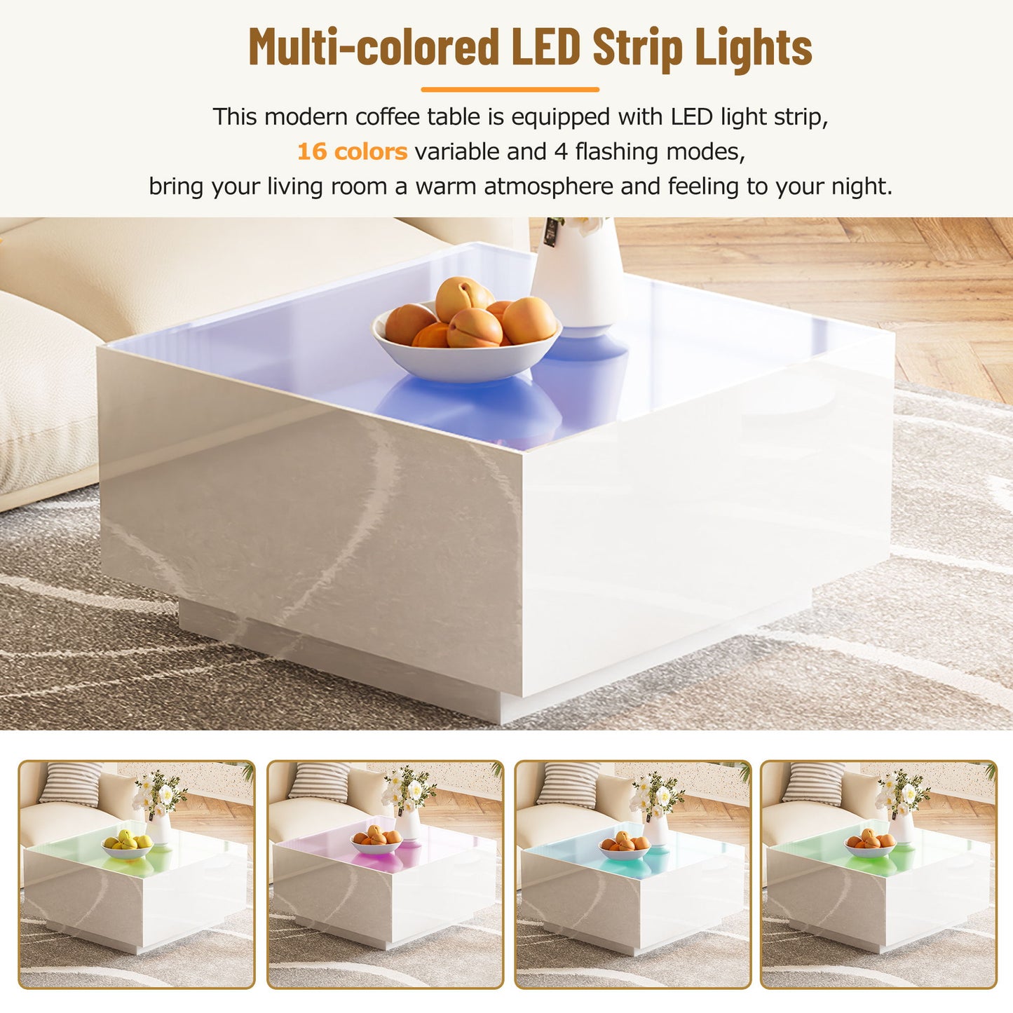 Square High Glossy Coffee Table With 16 Color Led Strip Lights, Modern Center Table With 5Mm Frosted Tempered Glass Top For Living Room - White