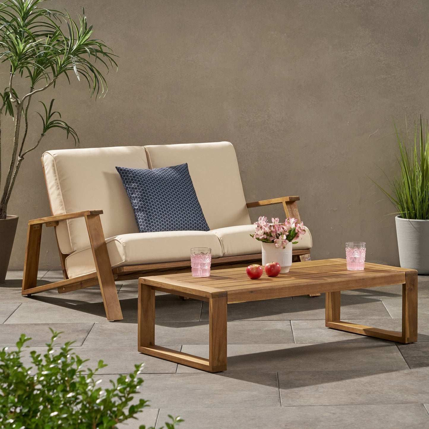 Paloma - Loveseat And Coffee Table Set With Adirondack Design Acacia Wood And Waterproof Fabric - Teak / Beige