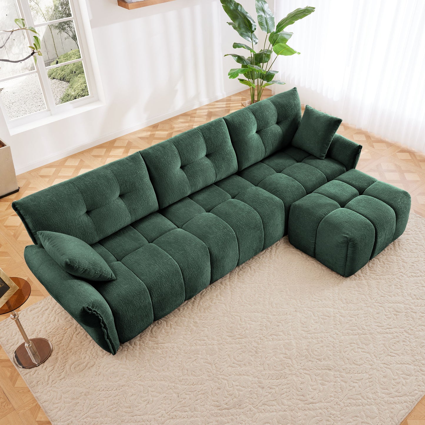 Stylish 3 Seater Sofa Set With Ottoman And Pillows, Textured, High Resilience Cushions - Green