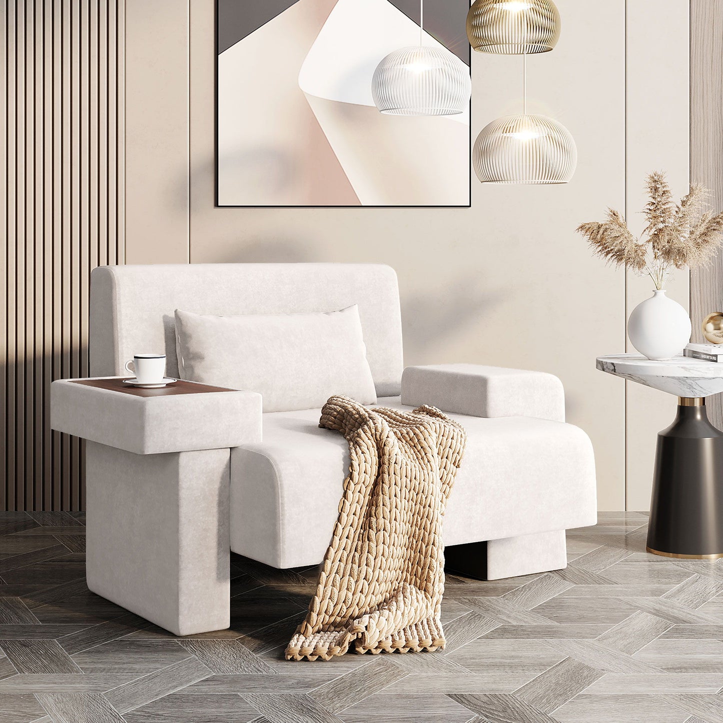 Modern Oversized Armchair, Wide Mid-Century Chair With Pillow Upholstered, Sturdy Wood Frame & Soft Cushion For Living Room - Beige